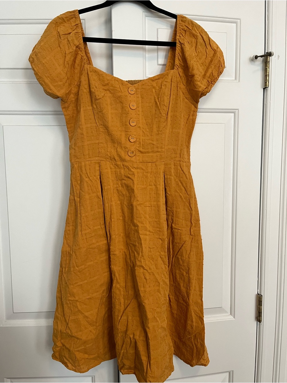 ModCloth Goldenrod Swiss dot sweetheart neckline dress